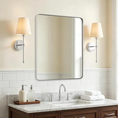 Vista 72 de ANDY STAR Espejo de pared cuadrado para baño, espejo de baño negro mate de 24 x 24 pulgadas, espejo de metal de esquina redondeada en marco de acero