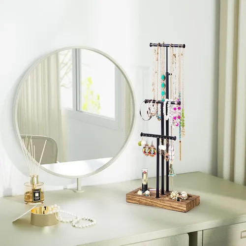 Vista 2 de Love-KANKEI Soporte organizador de joyas con base de metal y madera y almacenamiento grande para collares, pulseras, aretes, organizador negro