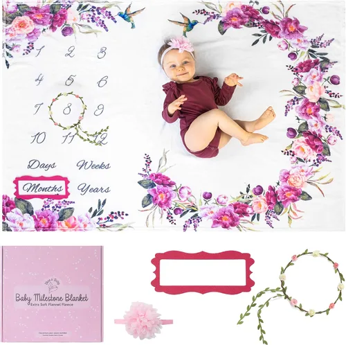 Vista 13 de Manta mensual de hito para bebé Bliss n' Baby para niña - 152,4x101,6 cm - Manta antiarrugas para recién nacido con tabla de crecimiento - Lavable