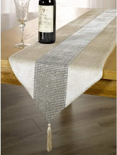 Vista 7 de Camino de mesa de 13 x 72 pulgadas con tira de diamantes y borlas (gris)