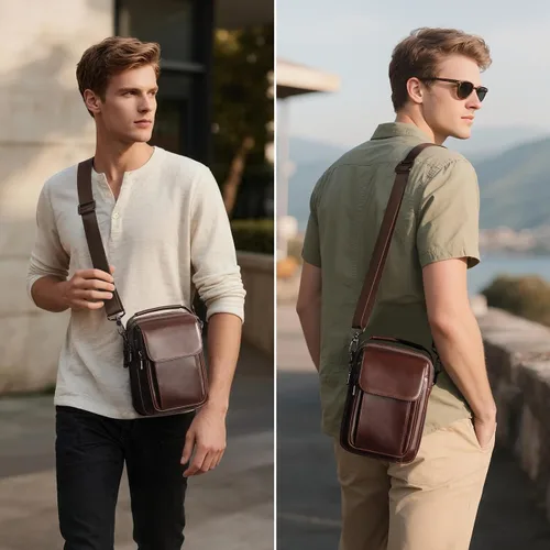 Vista 6 de Augus Bolso bandolera pequeño de cuero para hombre, bolso cruzado de hombro, bolsas de viaje para hombres, mochila con hebilla magnética