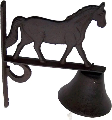 Vista 5 de Campana de cena de caballo, campana de hierro fundido para montar en la pared con adorno para caballo, decoración rústica de granero ecuestre