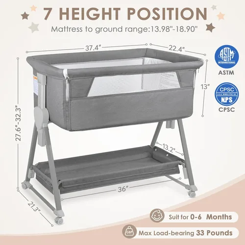 Vista 5 de BIERUM Moisés de bebé para bebé – Moisés de noche ajustable de 7 alturas con ruedas bloqueables, fácil de montar, cuna portátil con bolsa