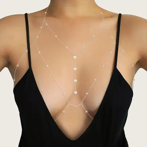 Vista 2 de Cadenas de cuerpo sexy sujetador de diamantes de imitación de plata cadena de vientre joyería bikini playa rave fiesta cuerpo accesorio para mujeres