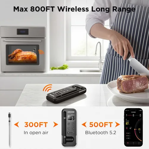 Vista 2 de Termómetro de carne Bluetooth Newise con aplicación inteligente, alcance inalámbrico de 800 pies y base LCD, sonda recargable, termómetro digital