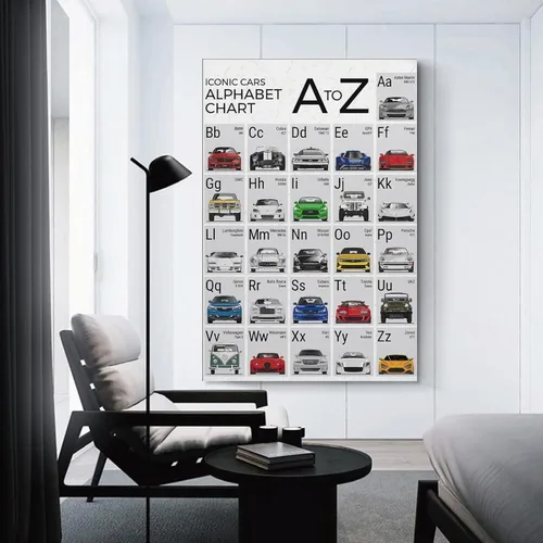 Vista 3 de CYPGTBCK Póster del alfabeto del coche ABC para niños, póster de aula, pintura decorativa, lienzo, arte de pared, póster de sala de estar