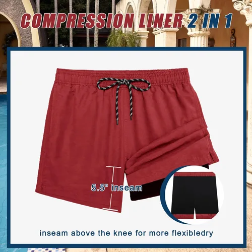 Vista 3 de COOFANDY Traje de baño para hombre con forro de compresión 2 en 1, traje de baño corto de secado rápido