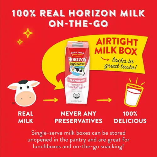 Vista 4 de Horizon Organic Cajas de leche bajas en grasa, fresa, 8 onzas, paquete de 6 8g Protein per Serving, 1% Lowfat, USDA Organic, No Refrigeration