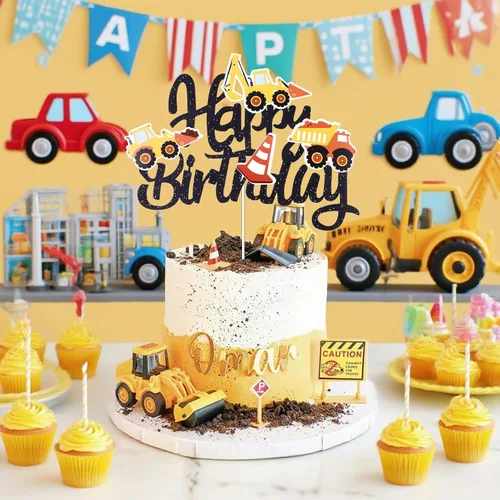 Vista 3 de Decoración para Pastel con Tema de Construcción Feliz Cumpleaños Decoración de Pastel con Purpurina de Construcción Palillo para Pastel Camión 1