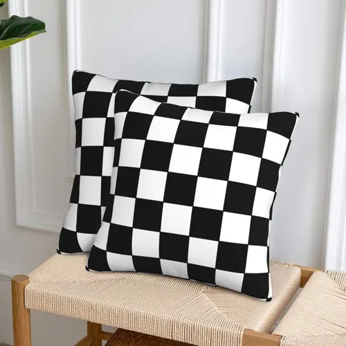 Vista 5 de Juego de 2 fundas de almohada de tablero de ajedrez en blanco y negro a cuadros, suaves, cuadradas, para sofá, decoración del hogar, 18 x 18 pulgadas