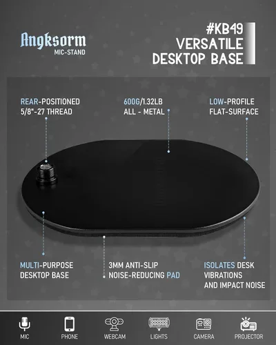 Vista 2 de Base universal para micrófono, soporte de escritorio elíptico de metal resistente con rosca de 5/8"-27, adaptadores de 1/4" y 3/8", compatible