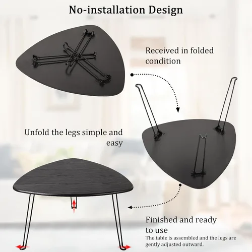 Vista 7 de Mesa de centro plegable negra de madera triangular para sentarse en el suelo, mesas auxiliares pequeñas ovaladas, mesa de centro moderna de mediados