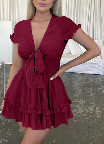 Vista 4 de PRETTYGARDEN - Mini vestido de verano con vuelo para mujer. Vestido corto acampanado con cuello en V y manga corta con volantes en la parte delantera