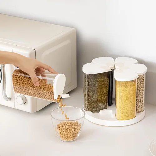 Vista 4 de Dispensador de granos – Contenedor de almacenamiento giratorio de 6 rejillas, dispensador de cereales y aperitivos, mantiene la harina, el azúcar