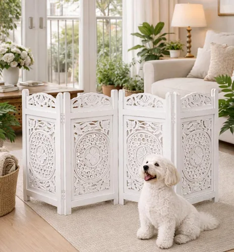 Vista 13 de Puerta independiente para mascotas para perros, puerta plegable de madera para perros para casa, puerta interior para perros para escaleras