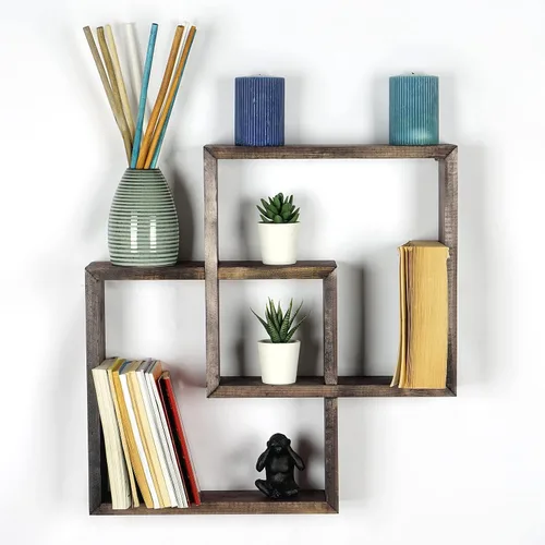 Vista 7 de Estantes cuadrados de pared, hechos a mano, almacenamiento montado en la pared, decoración de pared del hogar, libro de granja, estante organizador