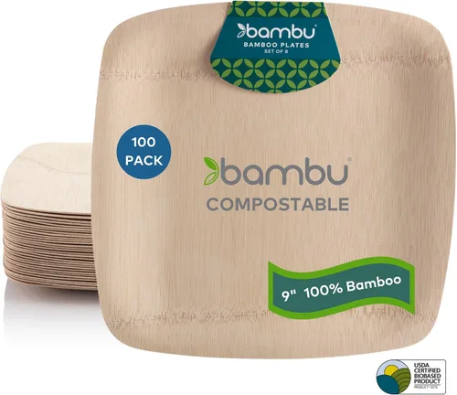 Vista 9 de Bambu, Platos cuadrados desechables de bambú de 11 pulgadas, orgánicos, biodegradables y ecológicos, platos para fiestas, bodas y eventos, ideales