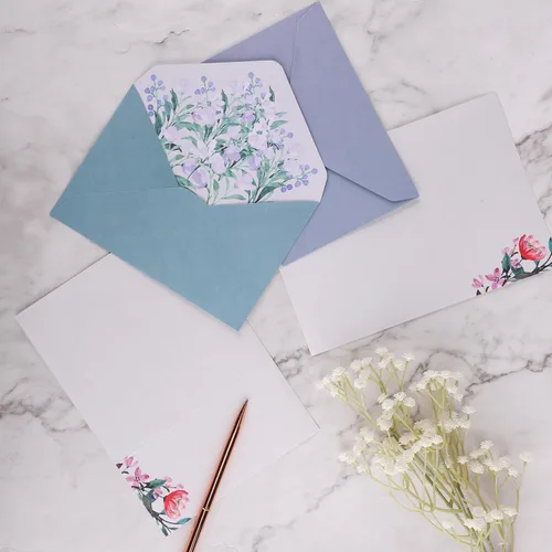 Vista 6 de 24 piezas de papel de escritura floral, con 12 sobres de papel floral, exquisito papel de escritura y sobres, juego de papel de escritura con líneas