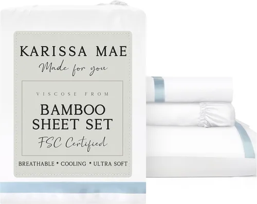 Vista 90 de KARISSA MAE Juego de sábanas de viscosa de bambú de lujo, 100% certificado FSC, refrescante, lujosamente suave, bolsillos profundos de 18 pulgadas