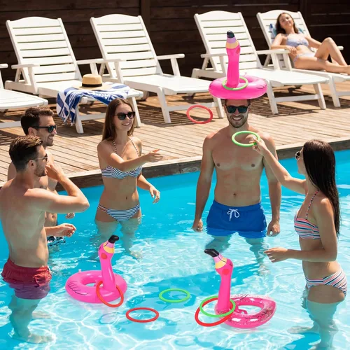 Vista 2 de Juego de lanzamiento de anillos inflables de flamenco de 3 piezas, suministros de juguetes para fiestas en la piscina, decoraciones Luau
