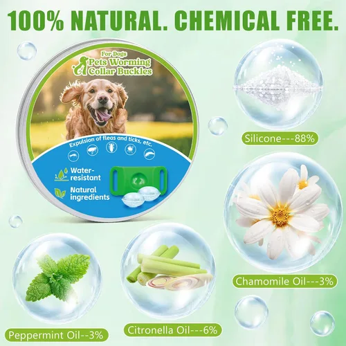 Vista 3 de Placa de identificación natural para prevención de pulgas y garrapatas, paquete de 2 collares impermeables con 4 recambios adicionales, verde