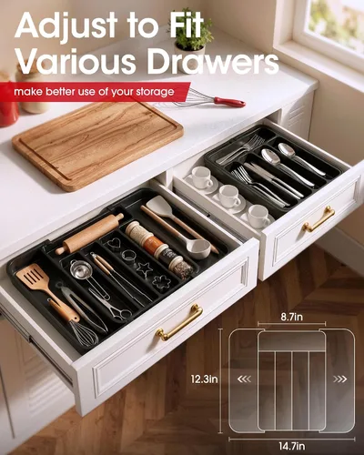 Vista 4 de Aujen Organizador de cubiertos – Organizador de cajones de cocina expandible, organizador de utensilios ajustable, bandeja de cubiertos