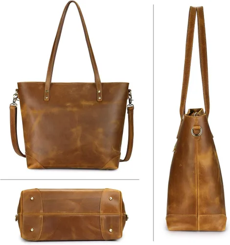 Vista 7 de S-ZONE - Bolso de mano de piel auténtica vintage para portátil, Bolsa de trabajo para mujeres con bolsillo trasero con cremallera