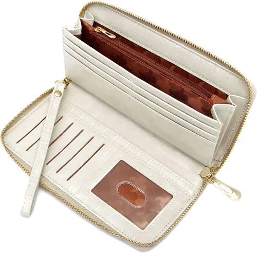 Vista 2 de Badiya Cartera para mujer con bloqueo RFID de cuero con cremallera de gran capacidad para tarjetas de crédito bolso largo Blanco
