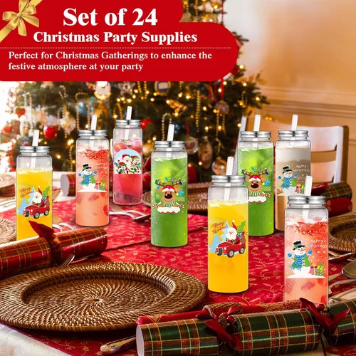 Vista 4 de Skylety 24 piezas de grandes tazas reutilizables de Navidad con tapas y popotes, 17 onzas, vasos de plástico transparente, tazas de Papá Noel