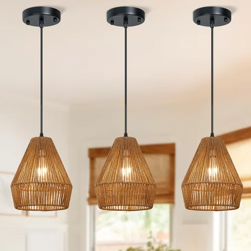 Vista 11 de Lámpara colgante de ratán tejido bohemio, 7 pulgadas, mini lámpara colgante con jaula de trabajo manual, iluminación colgante pequeña natural