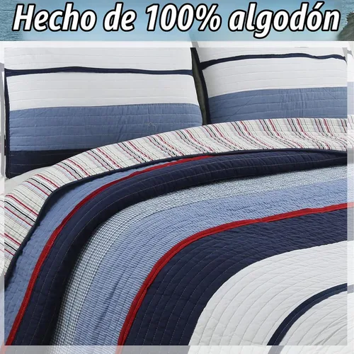 Vista 3 de Cozy Line Home Fashions - Juego de ropa de cama acolchada reversible de 100% algodón, con rayas azul marino y rojo, para niño, colcha, colcha