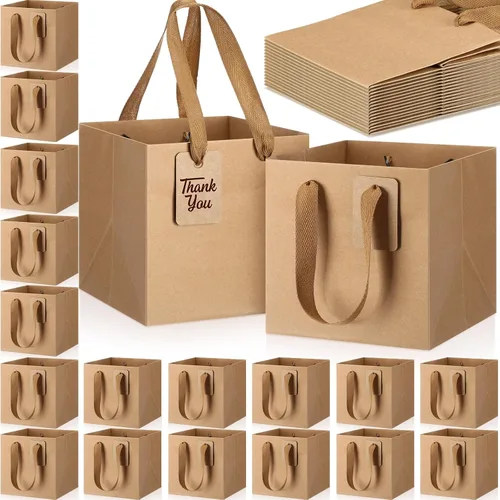Vista 12 de Windyun 25 mini bolsas de regalo de papel con asa de 6 x 6 x 6 pulgadas, pequeñas bolsas cuadradas con etiqueta de agradecimiento para Navidad