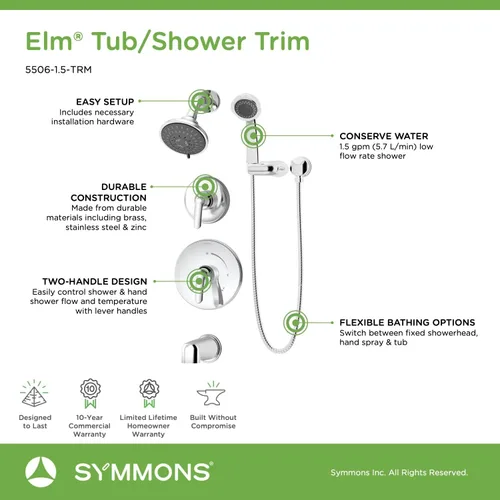 Vista 8 de Symmons 5506-1.5-TRM Elm - Bañera de 2 manijas y molduras de ducha de 5 pulverizaciones con ducha de mano de 3 pulverizaciones en cromo pulido