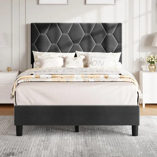 Vista 11 de GarveeHome Marco de Cama de Plataforma Tamaño Twin con Cabecera Tapizada y Soporte de Listones de Madera, Base de Colchón Tapizada/No Necesita Beige