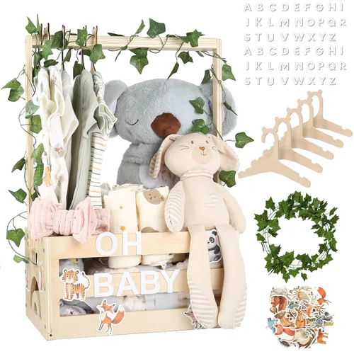 Vista 14 de Cesta grande de regalos para baby shower, caja de madera, colgadores de letras de madera personalizadas para bebé recién nacido niña niño, regalos