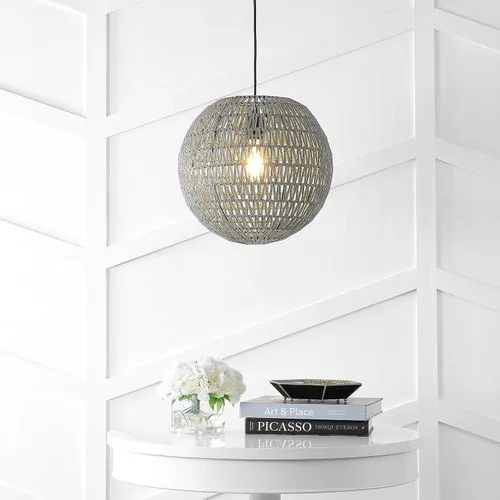 Vista 4 de JONATHAN Y Lámpara colgante LED tejida bohemia moderna de 16 pulgadas, color gris/negro, lámpara de techo colgante ajustable para isla de cocina