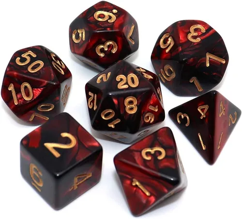 Vista 12 de Juego de dados poliédricos DND con brillo para juegos de rol de mazmorras y dragones (D&D) RPG, dados verdes mezclados con nebulosa negra