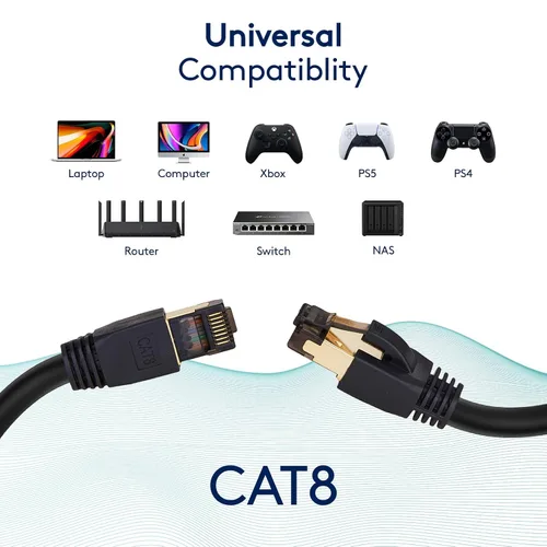Vista 4 de Cable Ethernet Cat 8 Red Patch Azul 7ft 40Gbps, 2000Mhz Cobre 26AWG S/FTP Cable de rendimiento blindado de alta velocidad, conector RJ45 chapado