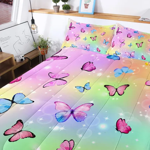 Vista 4 de Juego de edredón de tamaño individual con diseño de mariposa para niñas, suave microfibra cepillada con 1 edredón y 2 fundas de almohada, decoración