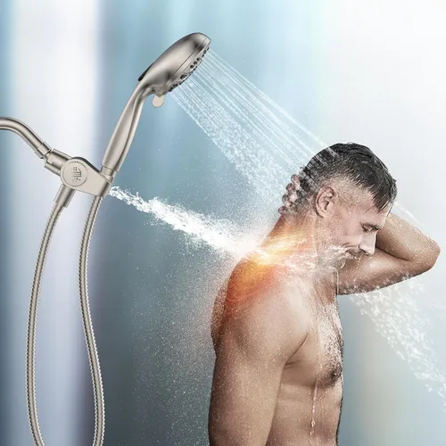 Vista 2 de Cabezal de ducha filtrado MakeFit con combo de mano de níquel cepillado - Sistema de spa dual 2-en-1 con cabezal de ducha de masaje y cabezal