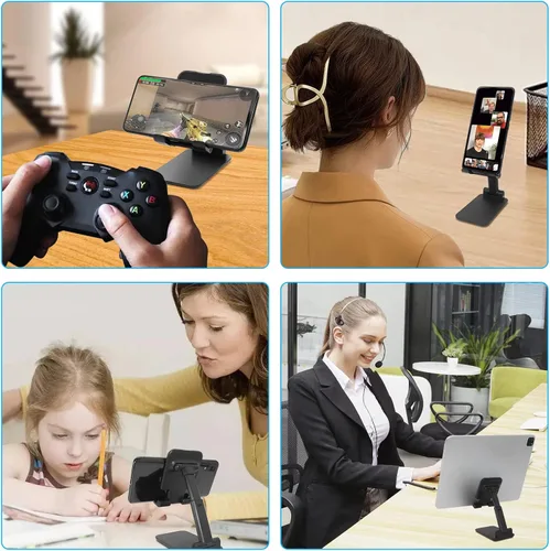 Vista 5 de Soporte para teléfono celular, soporte plegable para teléfono de escritorio, soporte de teléfono móvil ajustable en altura en ángulo para A-Negro