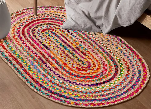 Vista 8 de Cotton Chindi - Alfombra de trapo, estilo bohemio, rústico, decorativa, tejida a mano, reversible, de algodón reciclado natural, para sala de estar