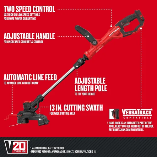 Vista 2 de CRAFTSMAN V20 WEEDWACKER Cortadora de Cuerdas Inalámbrica Bordeadora con Alimentación Automática, 13 pulgadas, Solo Herramienta (CMCST900B)