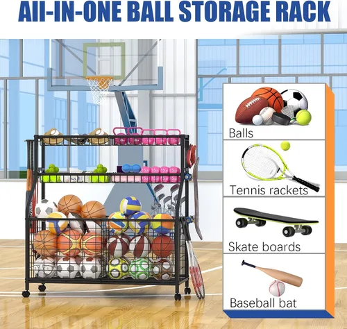 Vista 5 de Estante de almacenamiento de bolas, carrito organizador de equipo deportivo grande para garaje, gimnasio en casa, almacenamiento de equipo deportivo