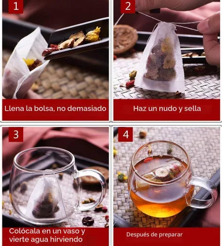 Vista 4 de 100 bolsas de té desechables para té de hojas sueltas, bolsas de filtro de té biodegradables con cordón, bolsas de té vacías de fibra de maíz