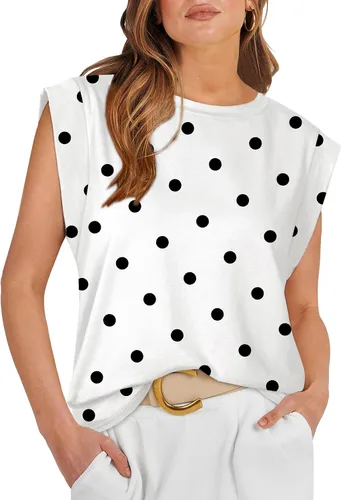 Vista 24 de WIHOLL Camisetas de mangas casquillo para mujer, camisetas básicas de verano, camisetas informales sin mangas, ajuste holgado, a la moda D - Raya