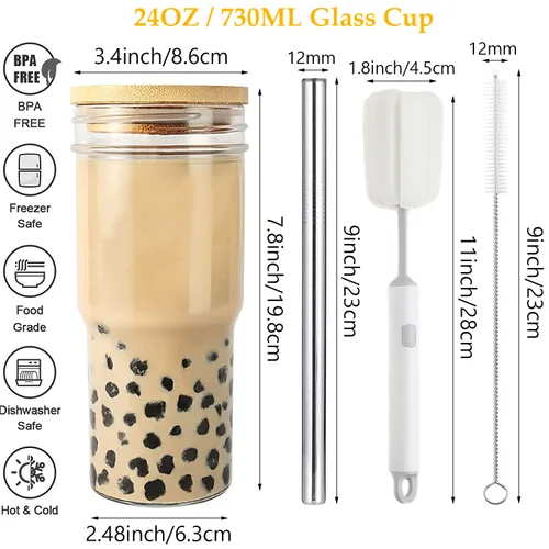 Vista 2 de 2 Vasos de Vidrio de 24 oz con Tapas de Bambú y Pajitas y 2 Tapas Herméticas, Vaso Reutilizable para Batidos Tarro Mason Vasos para Beber Vasos