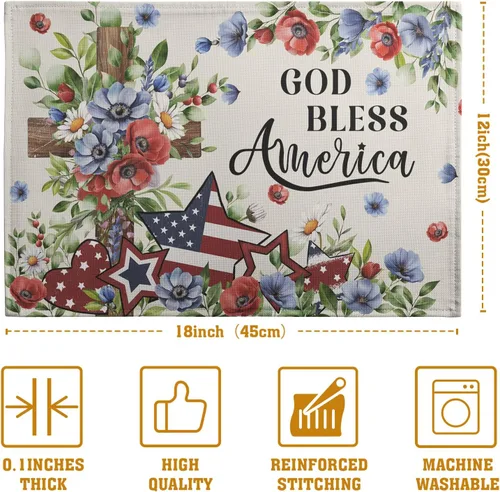 Vista 4 de Juego de 4 manteles individuales del 4 de julio, manteles individuales patrióticos florales con cruces y estrellas del Día de la Independencia y Día