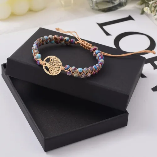 Vista 7 de Jinxiuge Tree of Life Turquoise Stone Bracelet for Women Girls Handmade Braided Layered Bead Bracelet with Black Gift Box