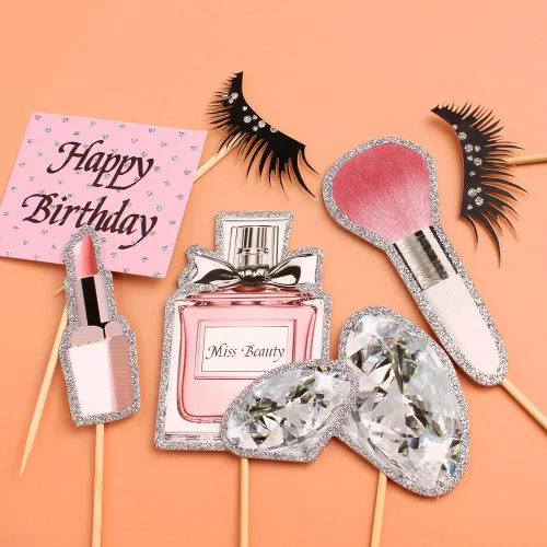 Vista 3 de 35 piezas impresas de maquillaje para cumpleaños, cupcakes, pestañas de diamante, pintalabios, palillos de cupcakes, perfumes, alimentos